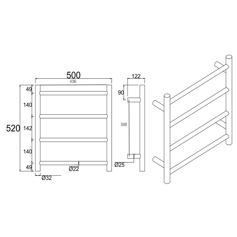 Chrome Heated Towel Rack 4 Bars