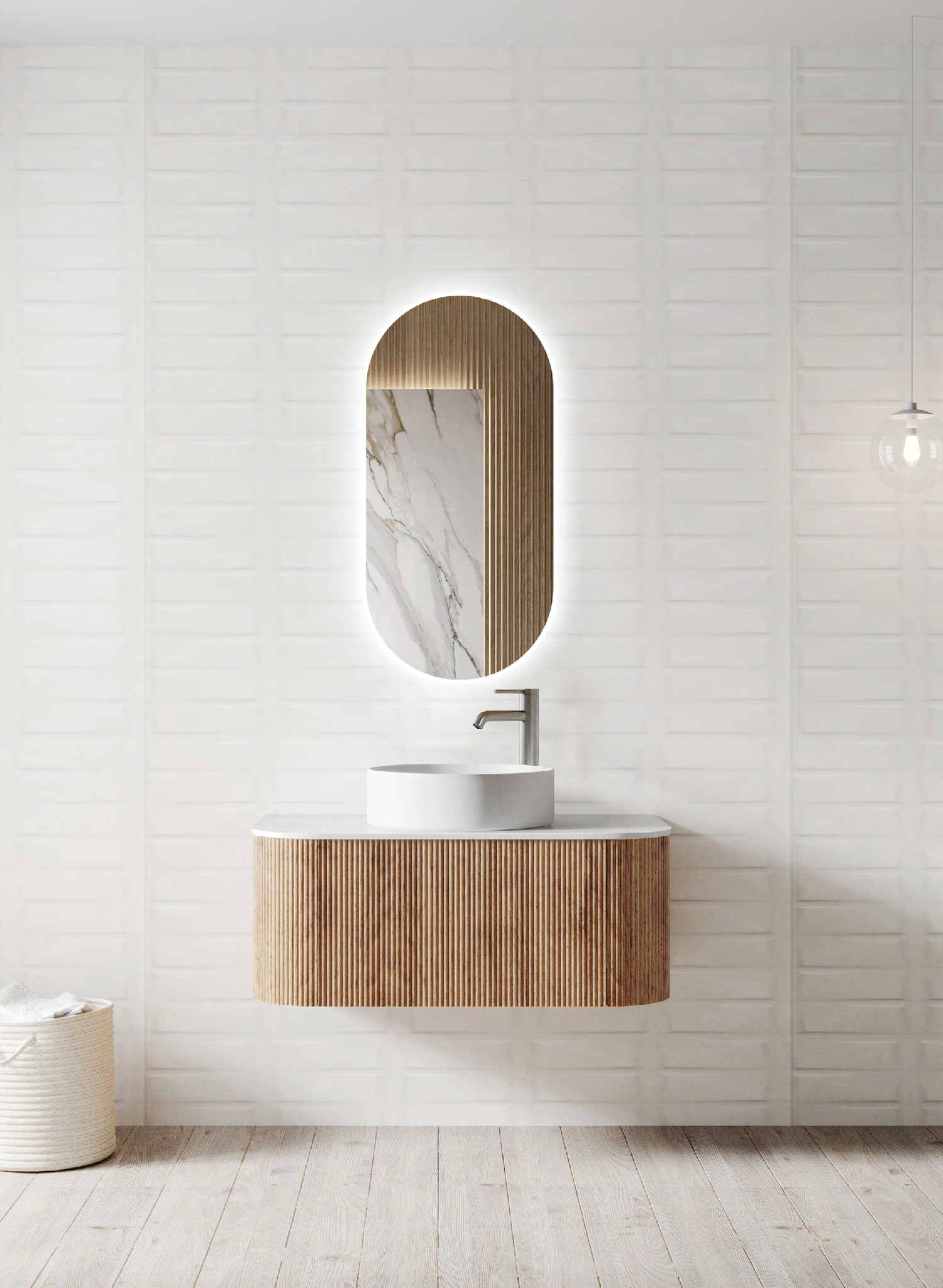Adair Curved Fluted Wall Hung Vanity - Walnut Wood | 900mm x 450mm