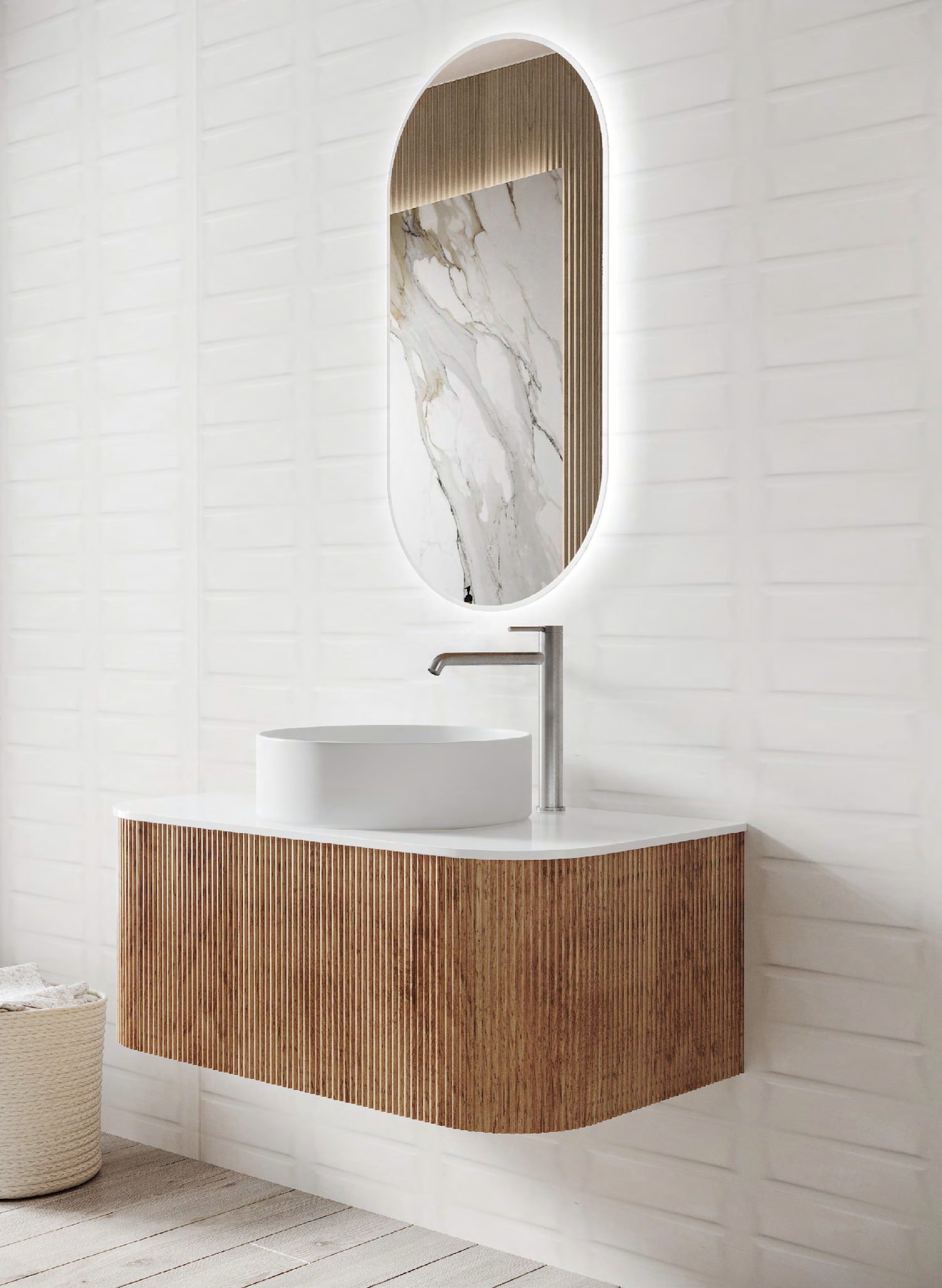 Adair Curved Fluted Wall Hung Vanity - Walnut Wood | 1200mm x 450mm