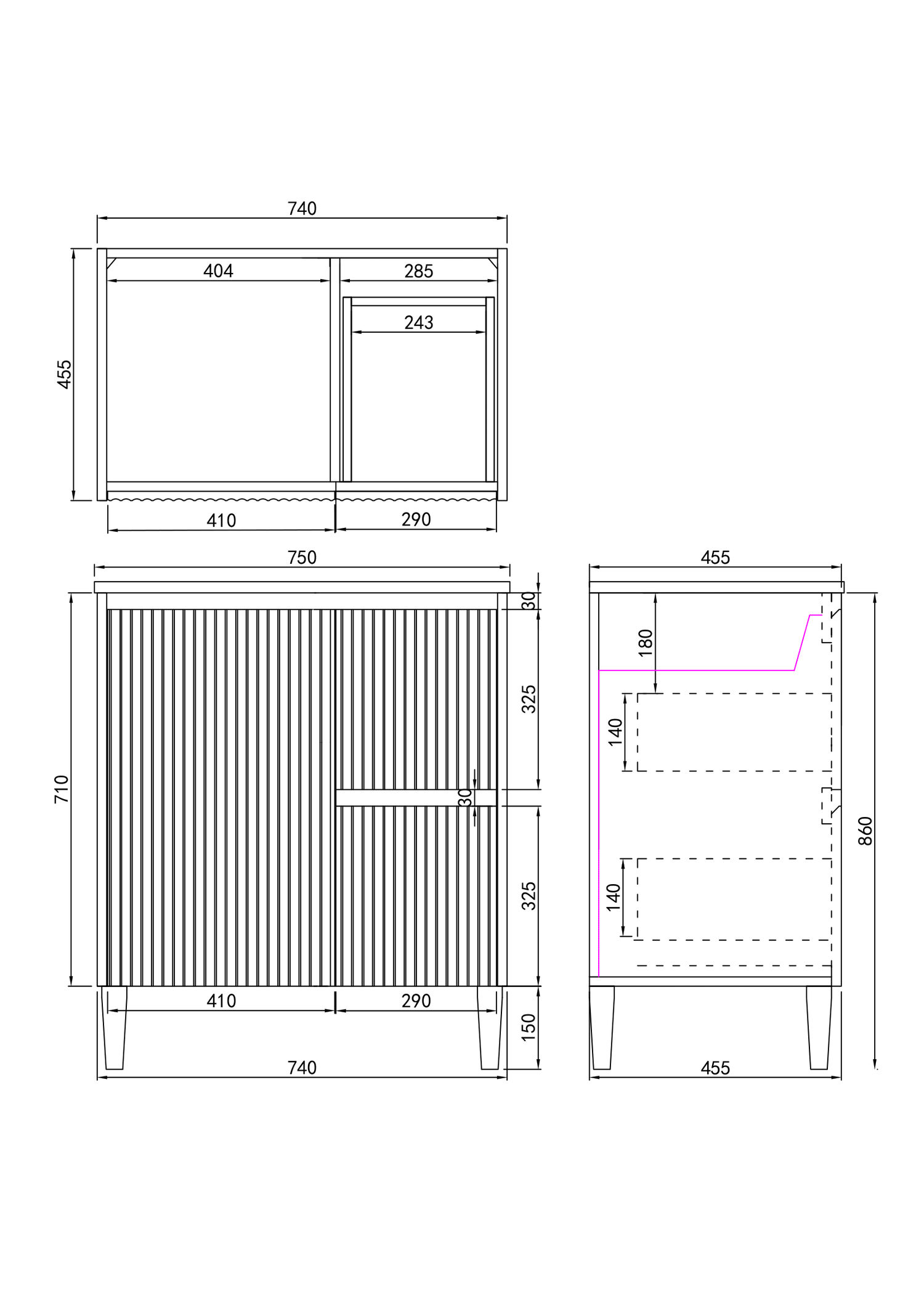 Brighton Free Standing Fluted Vanity 750X455X860MM