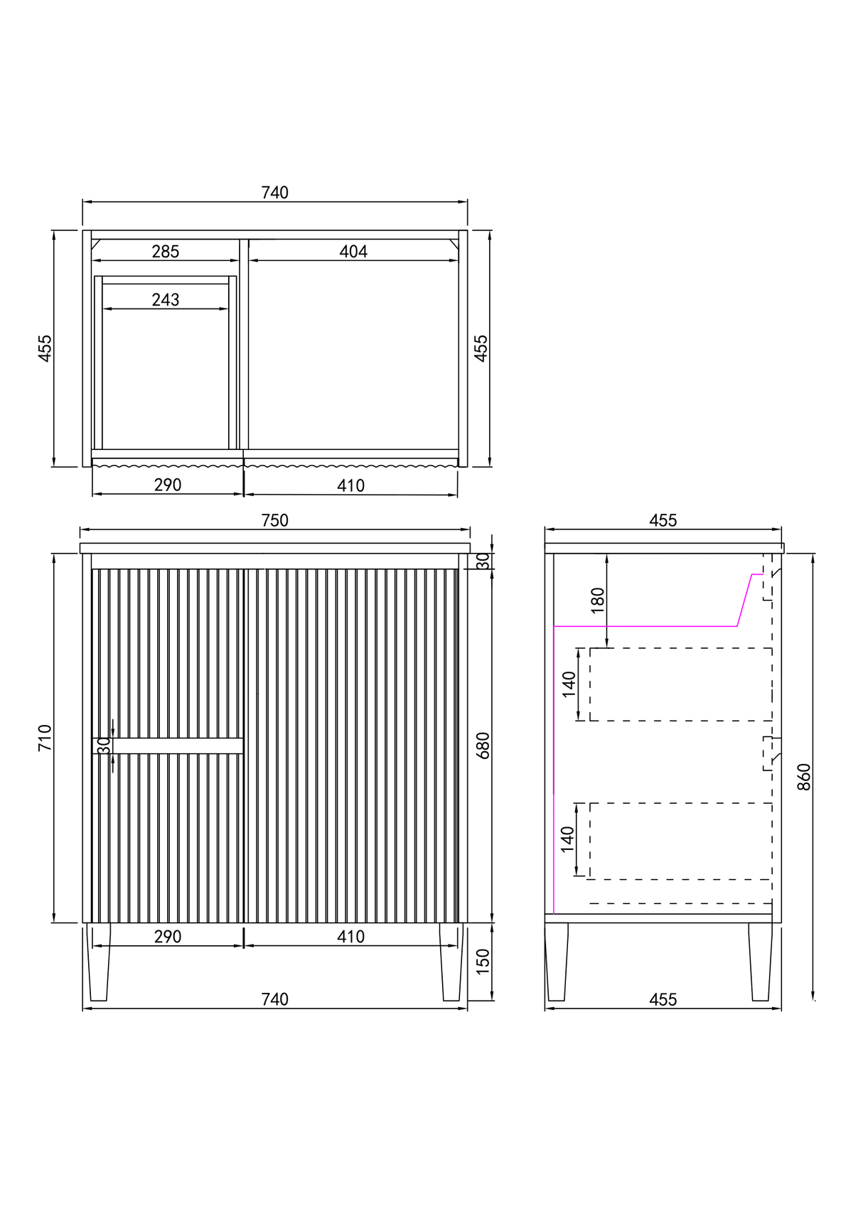 Brighton Free Standing Fluted Vanity 750X455X860MM