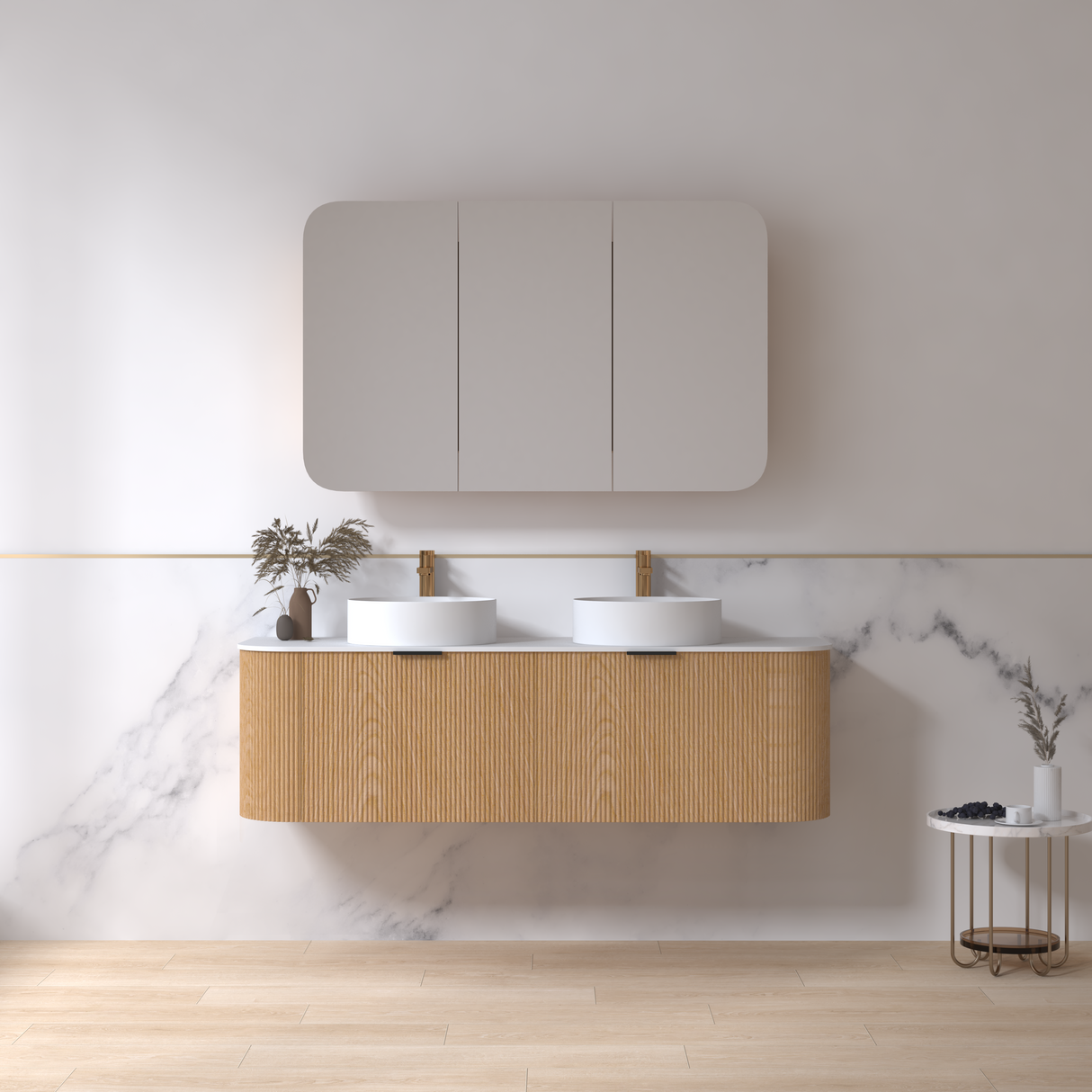Adair Curved Fluted Wall Hung Vanity - Walnut Wood | 1500mm x 450mm