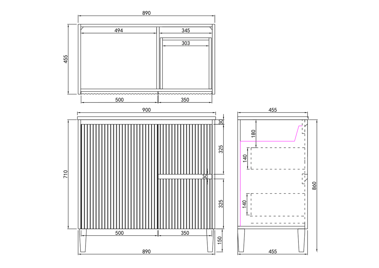 Brighton Free Standing Fluted Vanity 900X455X860MM