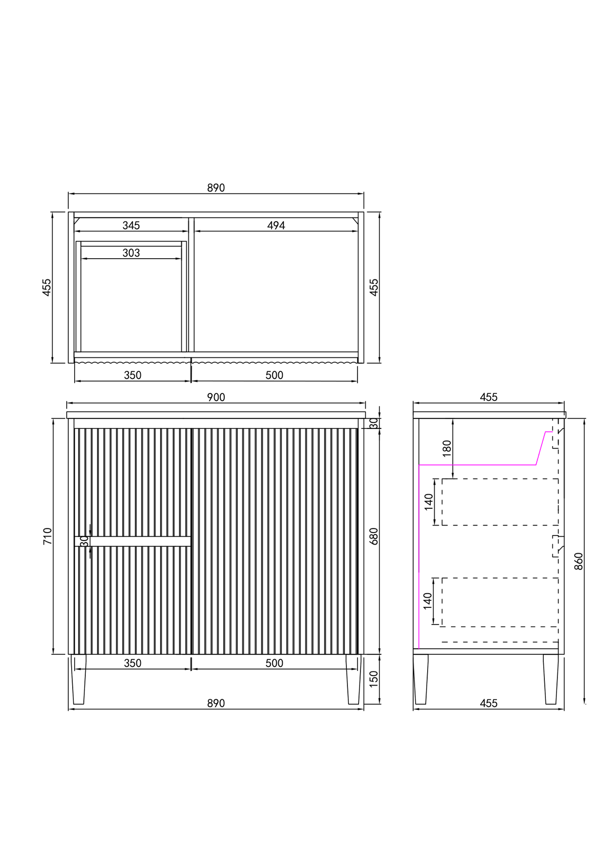 Brighton Free Standing Fluted Vanity 900X455X860MM