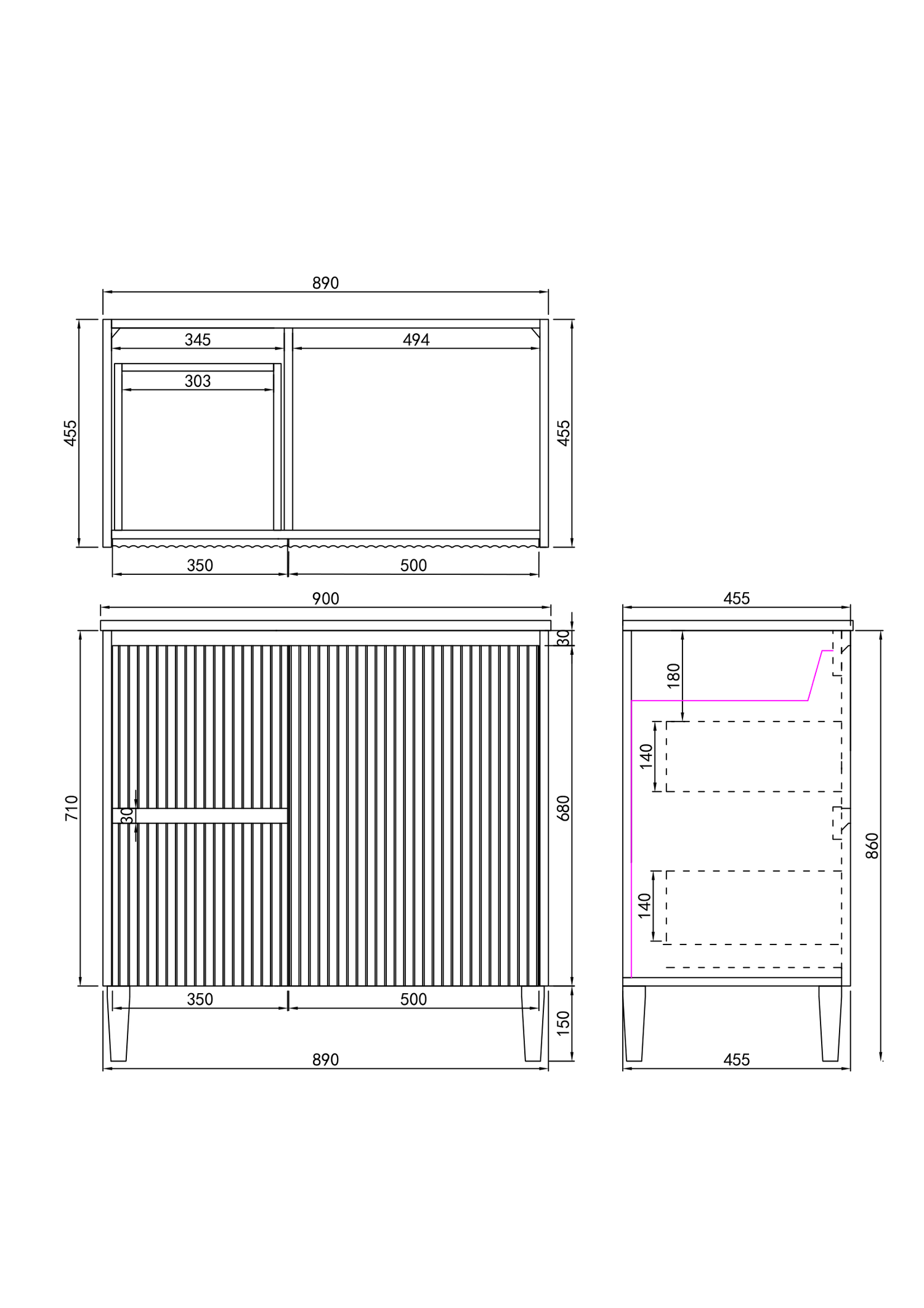 Brighton Free Standing Fluted Vanity 900X455X860MM