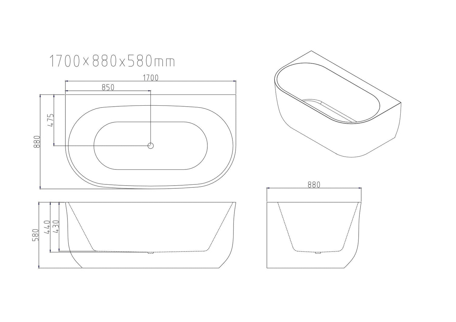 Anna Back-To-Wall Bathtub – Gloss White