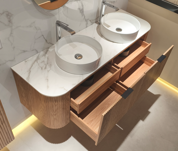 Adair Curved Fluted Wall Hung Vanity - Walnut Wood | 1500mm x 450mm