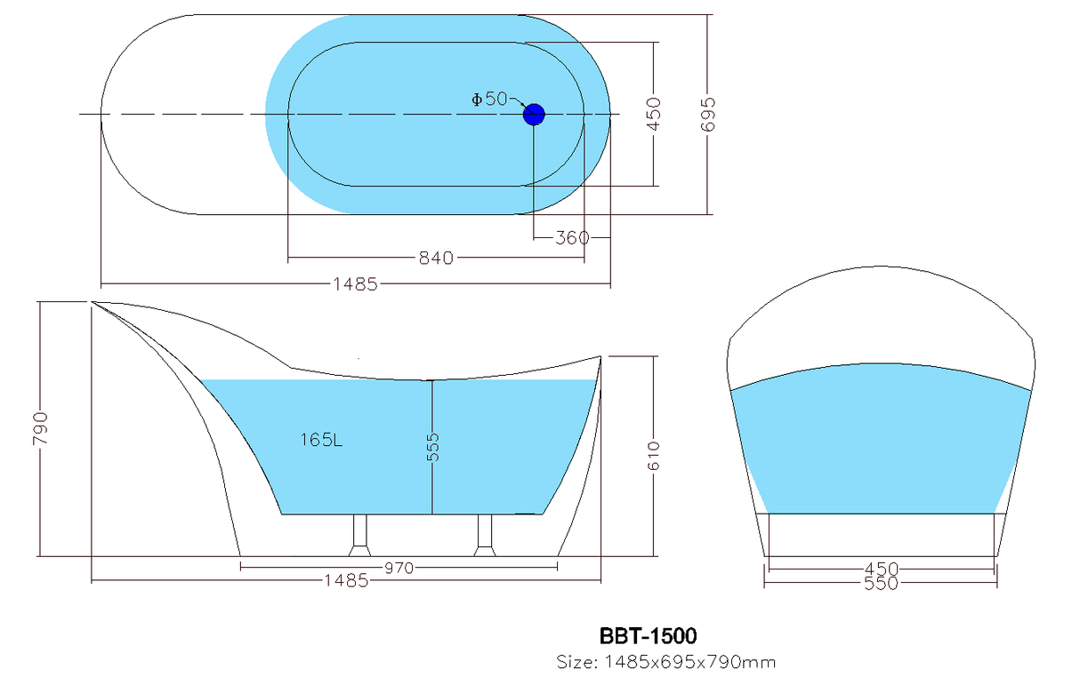 Bevel Free Standing Bathtub 1485*695*790mm