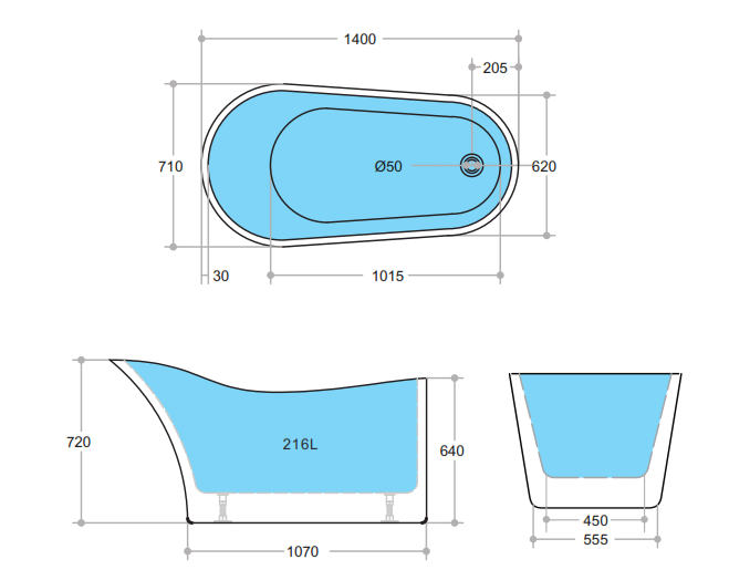 Bevel Free Standing Bathtub 1400*710*720mm