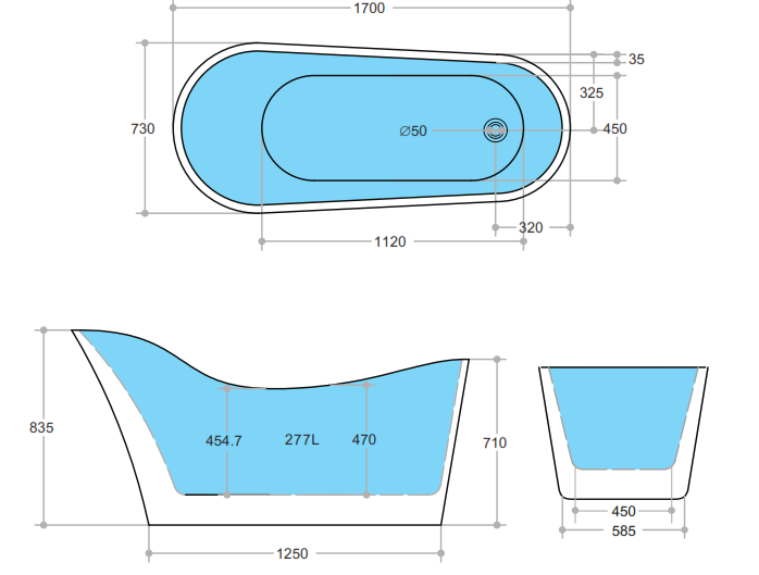 Bevel Gloss Black & White Free Standing Bathtub 1700*730*835mm