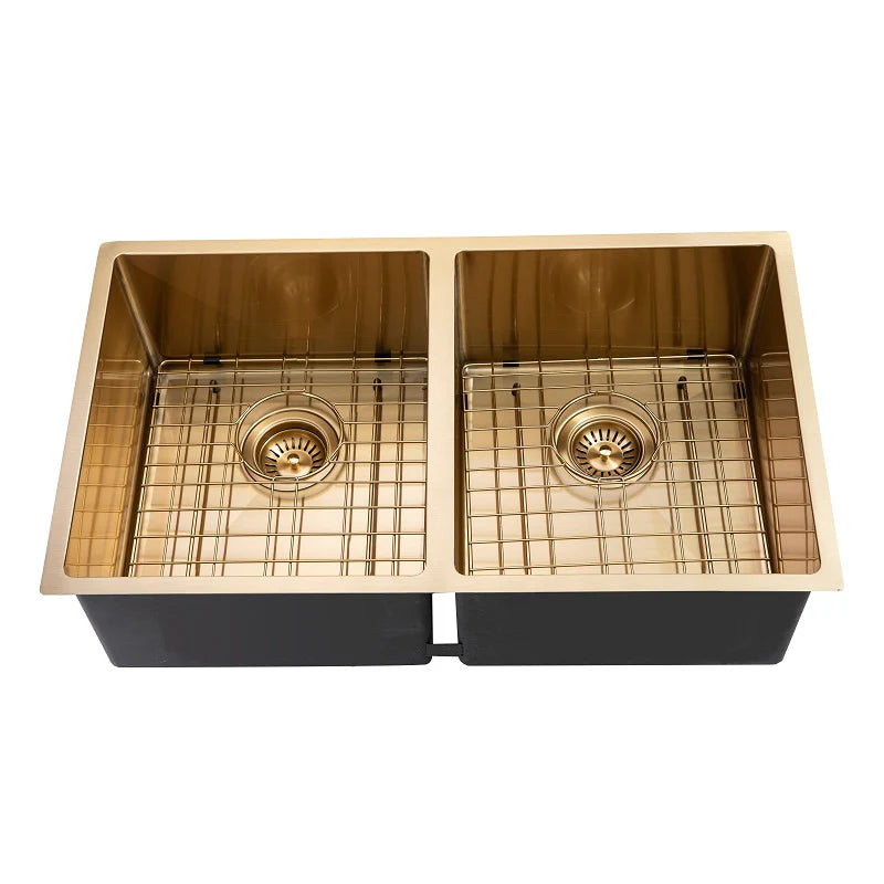 Handmade Stainless Steel Brushed Brass Double Bowl Kitchen Sink 1.2mm (Top/Flush/Undermount) 820*457*230mm