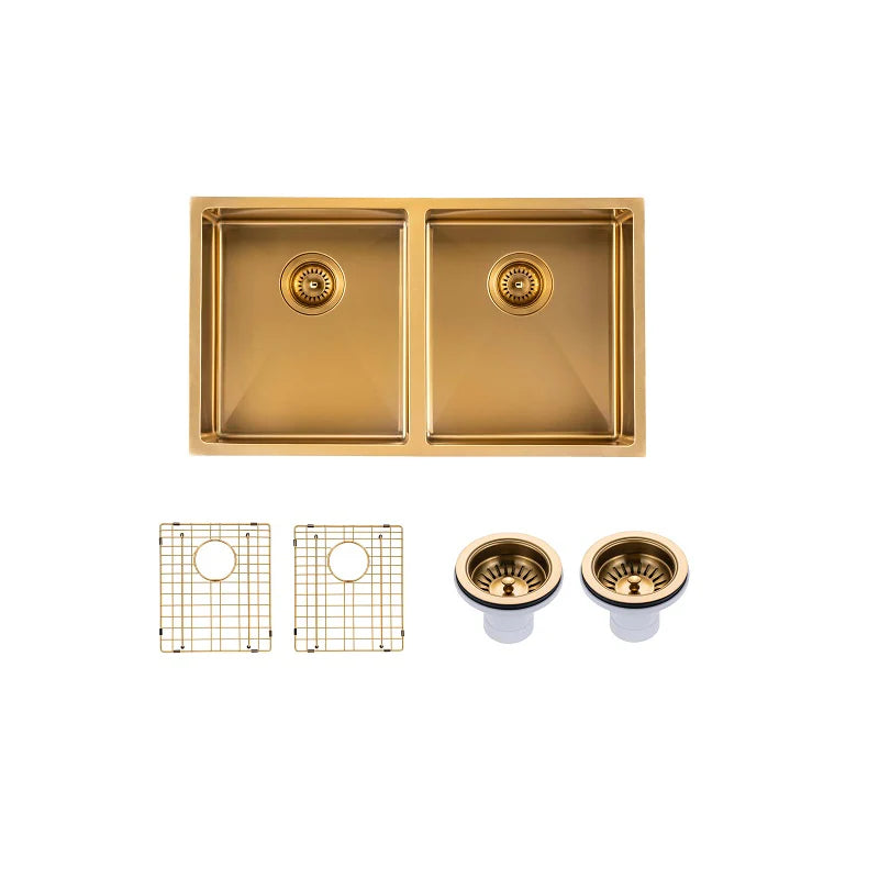 Handmade Stainless Steel Brushed Brass Double Bowl Kitchen Sink 1.2mm (Top/Flush/Undermount) 820*457*230mm