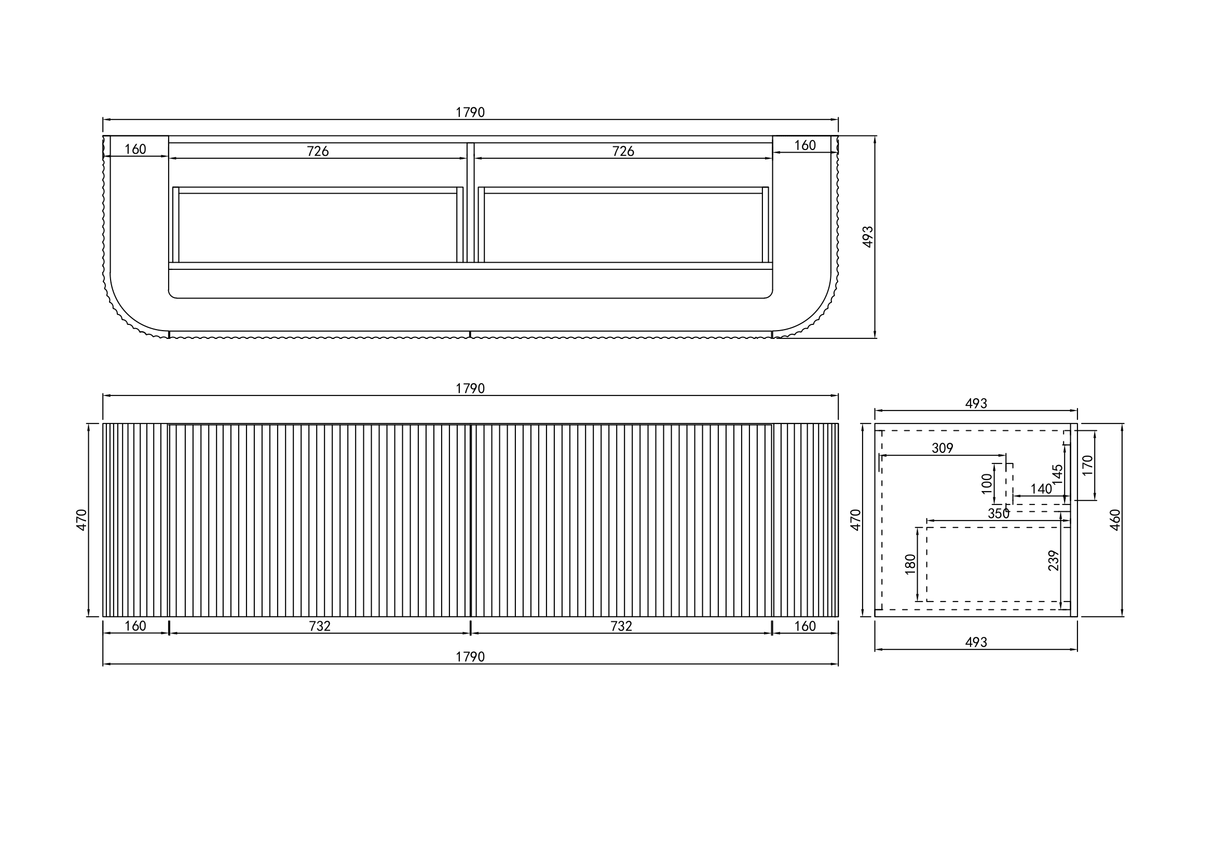Avalon Double Bowl Curved Wall Hung Fluted Vanity 1790X493X470MM