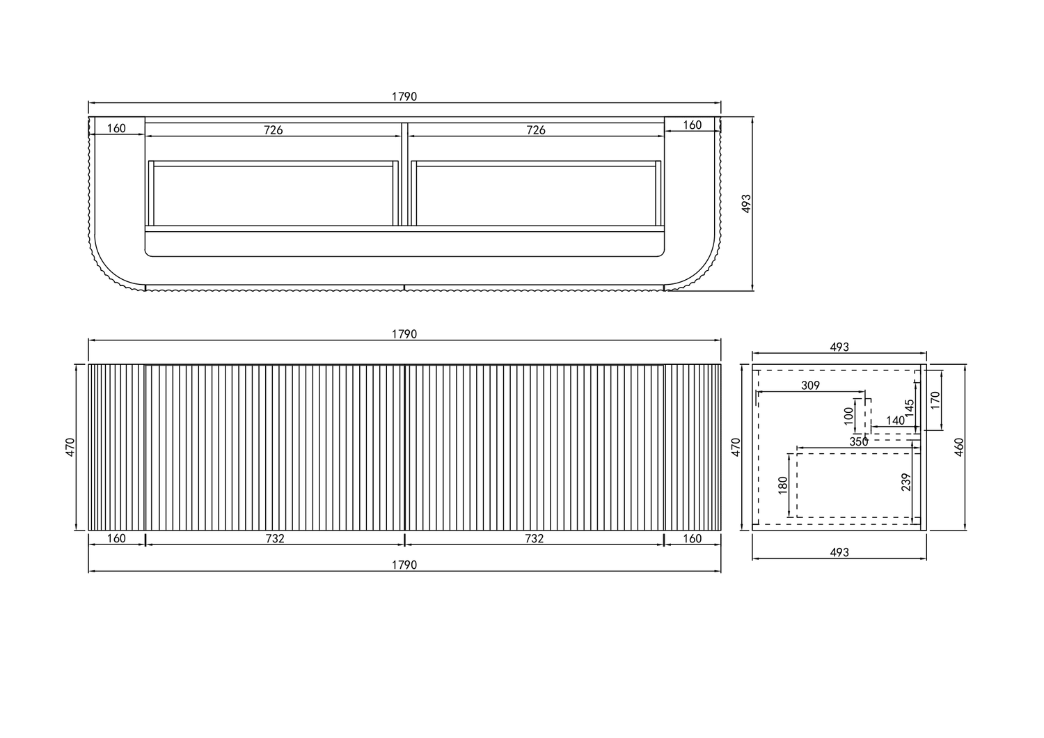 Avalon Double Bowl Curved Wall Hung Fluted Vanity 1790X493X470MM