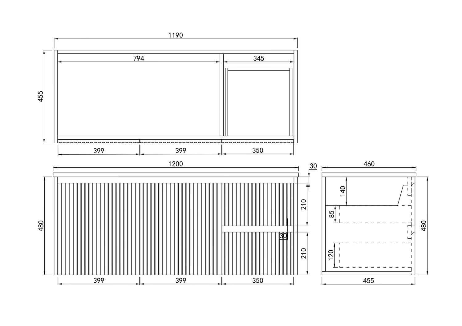 Brindabella Wall Hung Fluted Vanity 1200X455X480MM