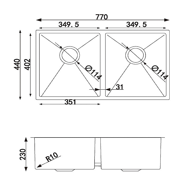 Handmade Stainless Steel Chrome Double Bowl Kitchen Sink 1.2mm (Top/Flush/Undermount) 770*440*230mm