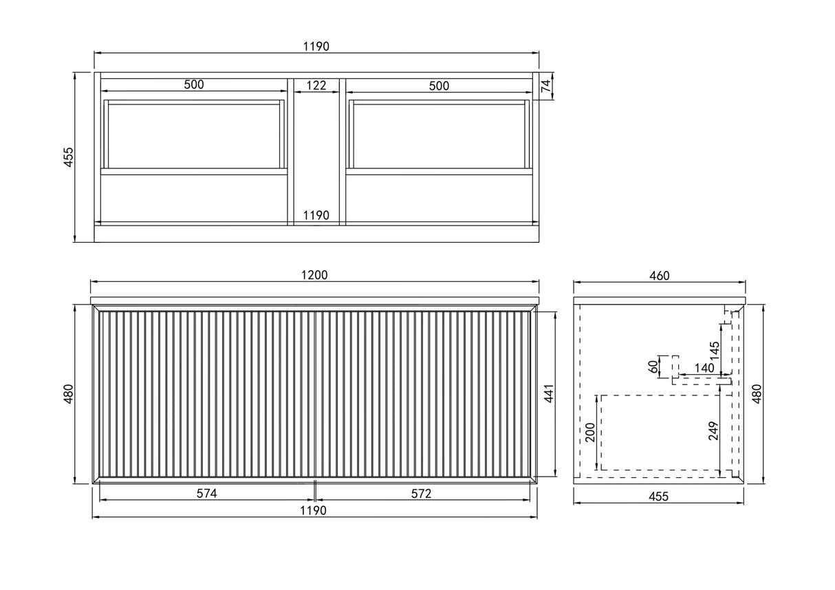 Kirribilli Wall Hung Fluted Vanity 1200X455X480MM