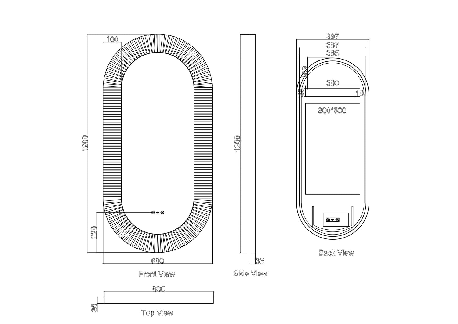 Freya 600×1200mm LED Textured Oval Mirror