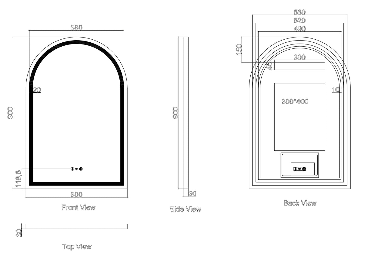 Freya 500/600×900mm LED Arch Mirror