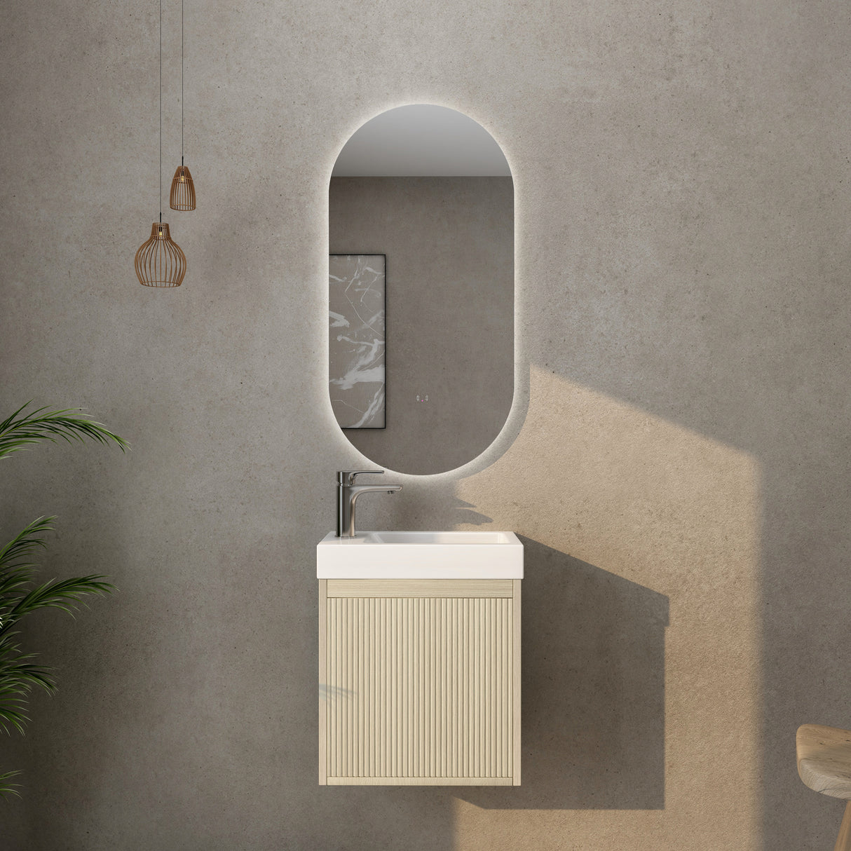 Bellevue Woodgrain Wall Hung Fluted Vanity 455X250X670MM