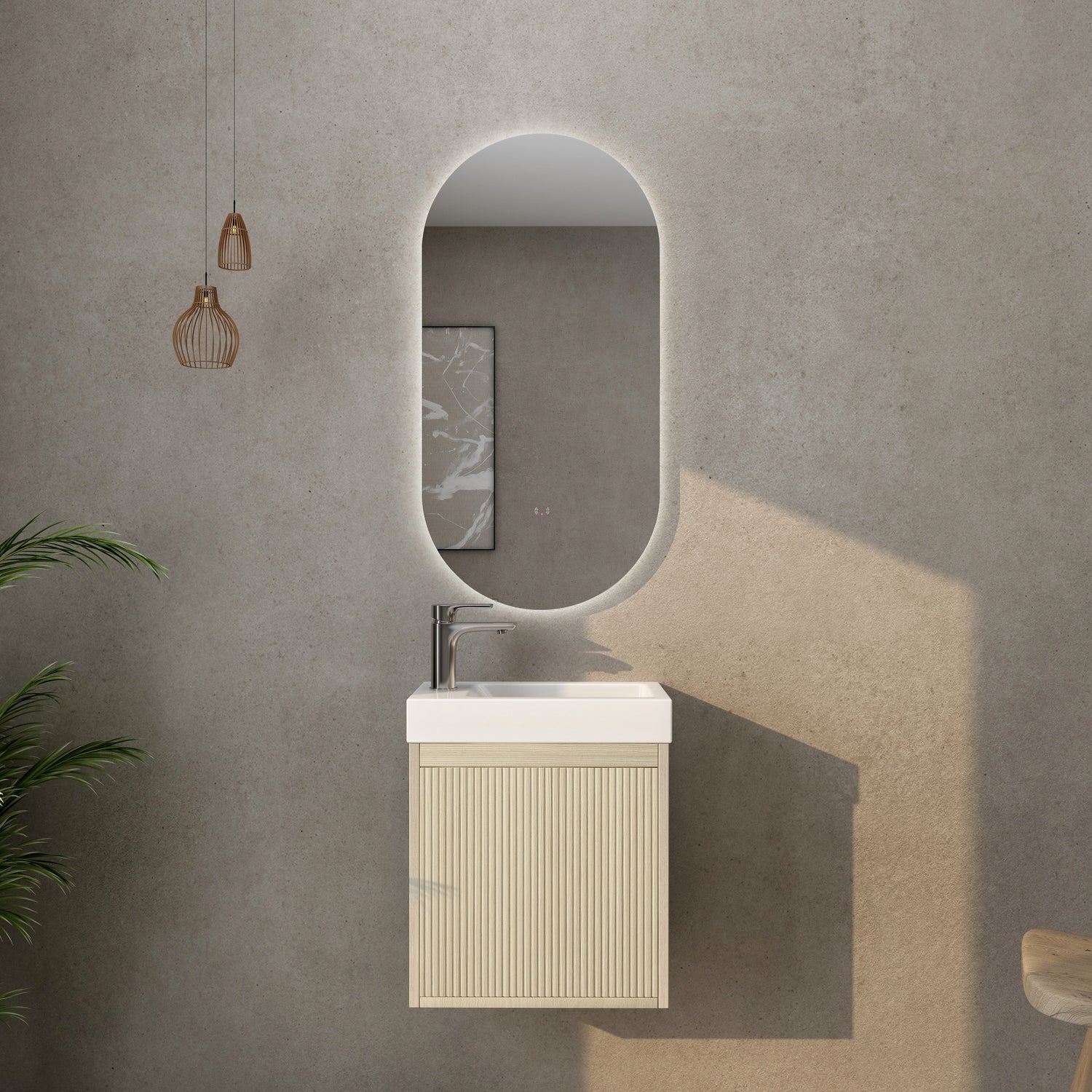 Bellevue Woodgrain Wall Hung Fluted Vanity 455X250X670MM