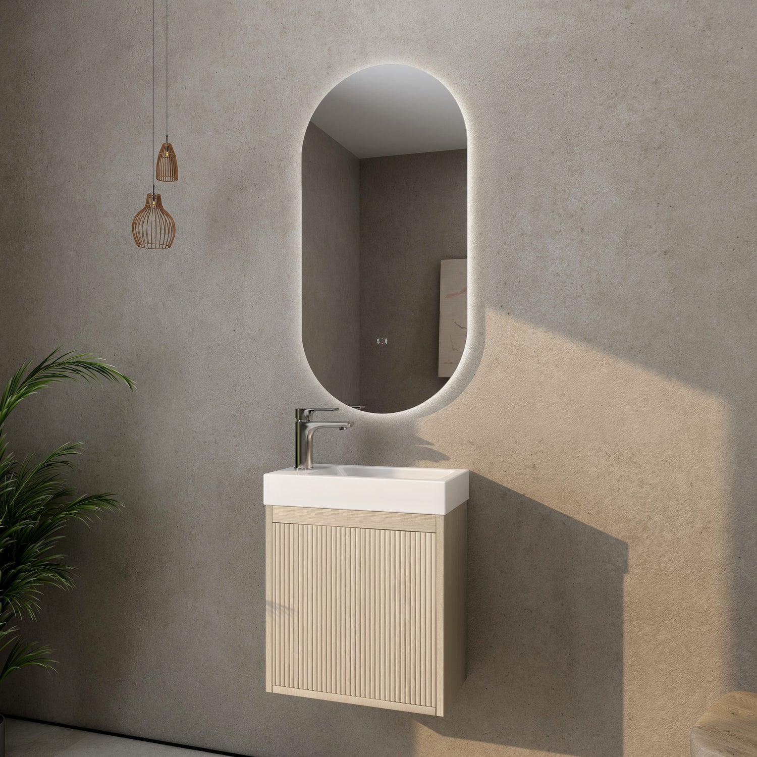 Bellevue Woodgrain Wall Hung Fluted Vanity 455X250X670MM