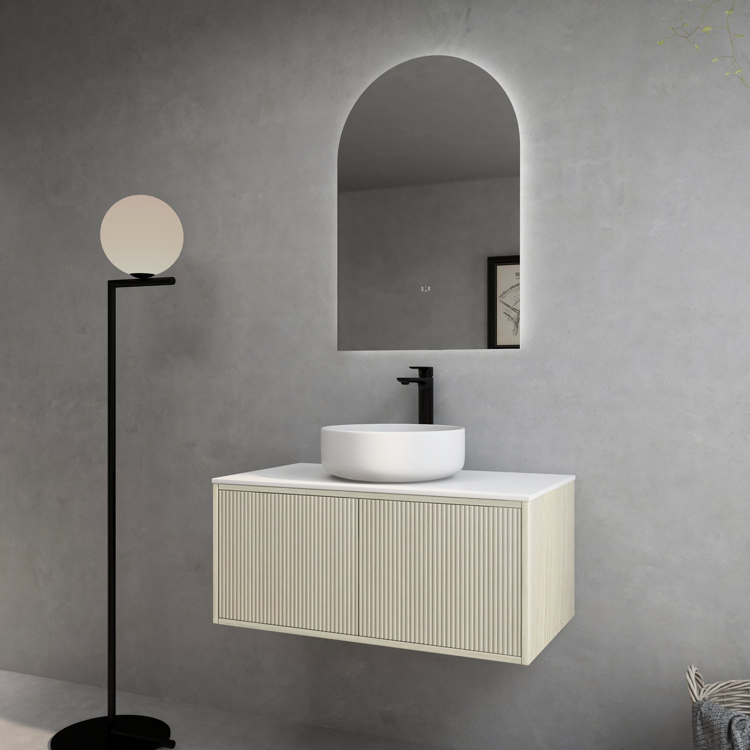 Bellevue Woodgrain Wall Hung Fluted Vanity 890X496X380MM