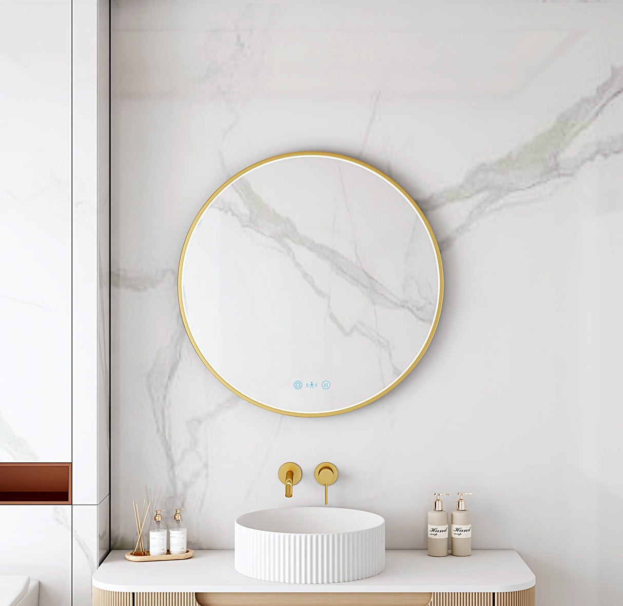 Maia 600/750/900mm LED Round Mirror – Brushed Gold Frame