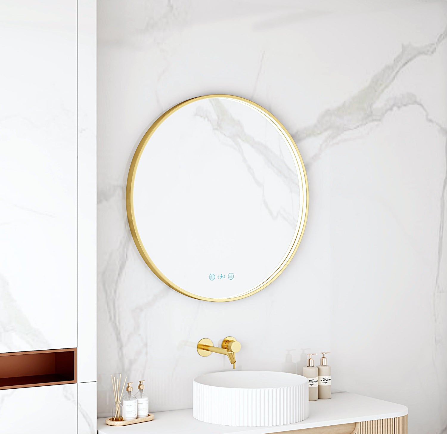 Maia 600/750/900mm LED Round Mirror – Brushed Gold Frame