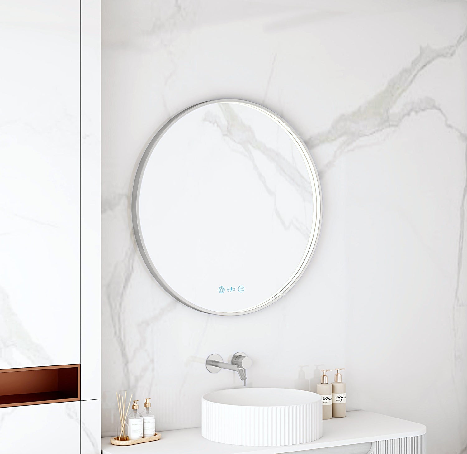 Maia 600/750/900mm LED Round Mirror – Brushed Nickel Frame