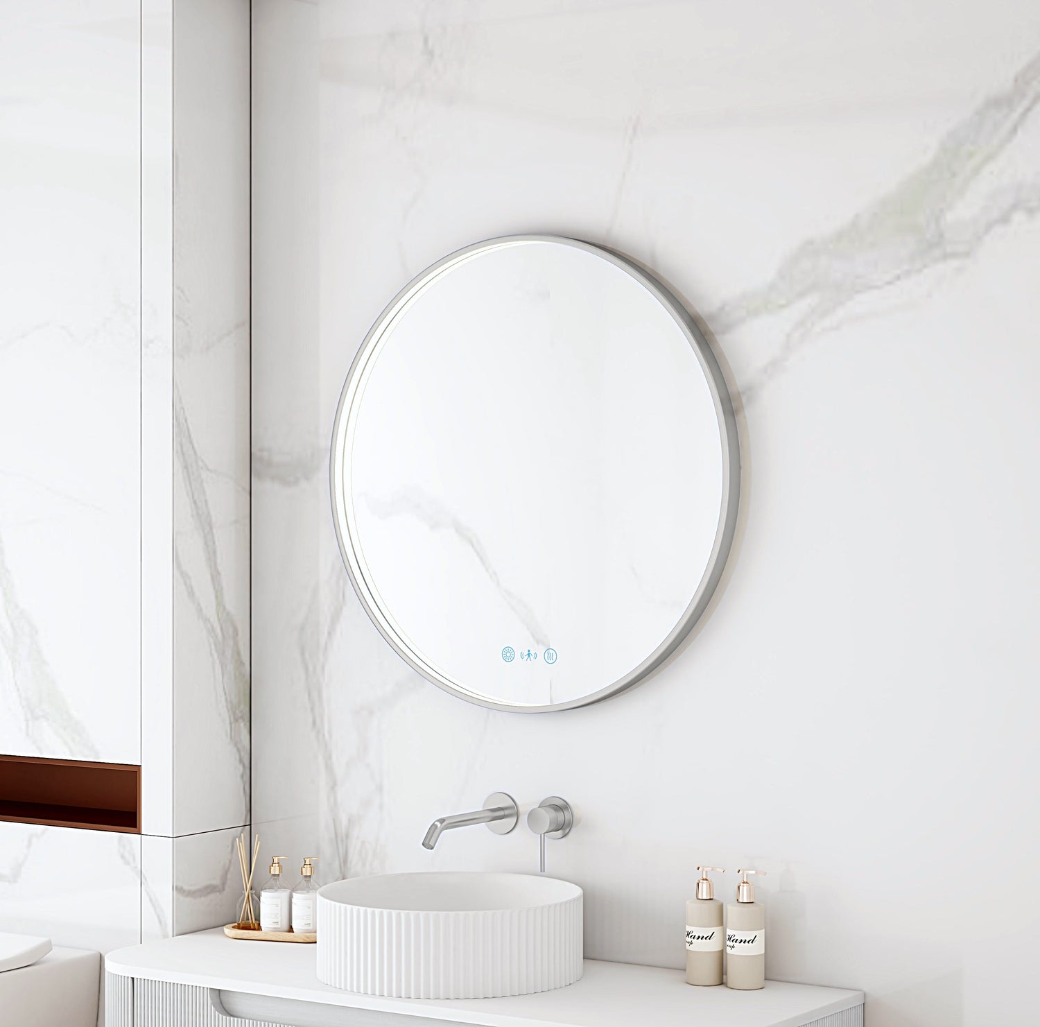 Maia 600/750/900mm LED Round Mirror – Brushed Nickel Frame