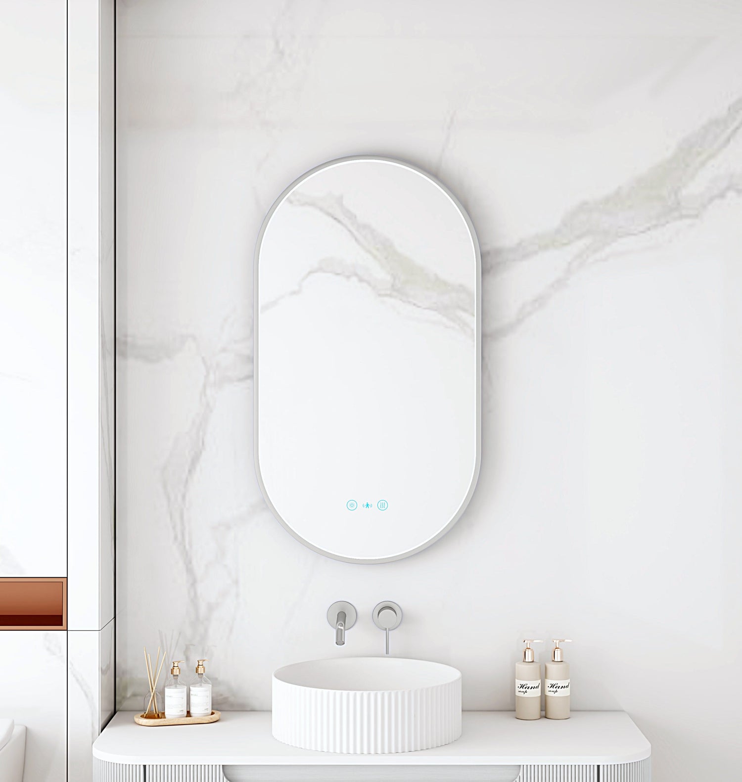 Maia 500×900mm LED Oval Mirror – Brushed Nickel Frame