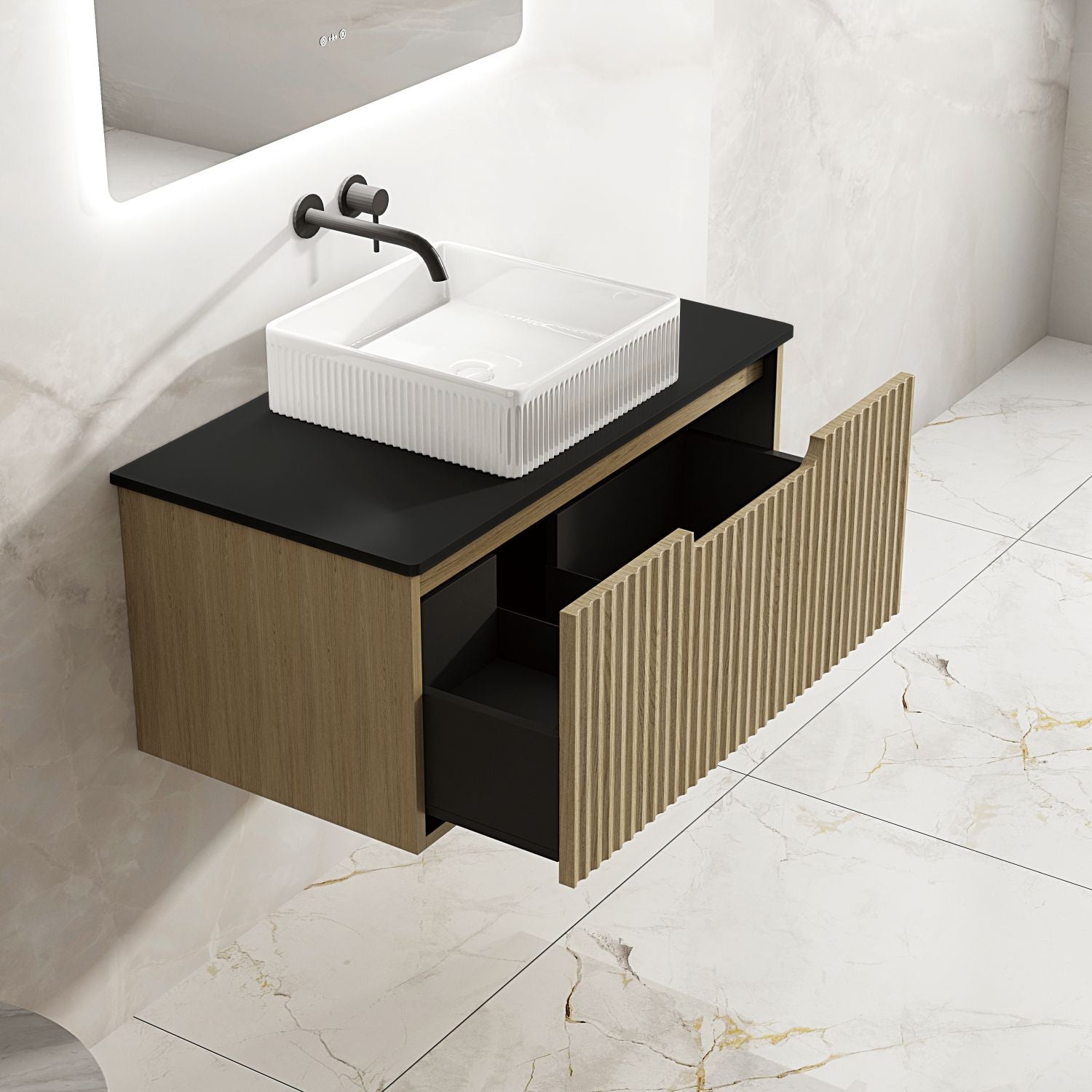 Fluted Rhea 900mm Wall-Hung Cabinet - Natural Oak