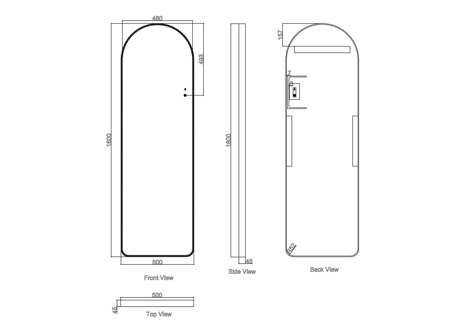 Saga 500×1600mm Freestanding LED Arch Mirror - Brushed Nickel