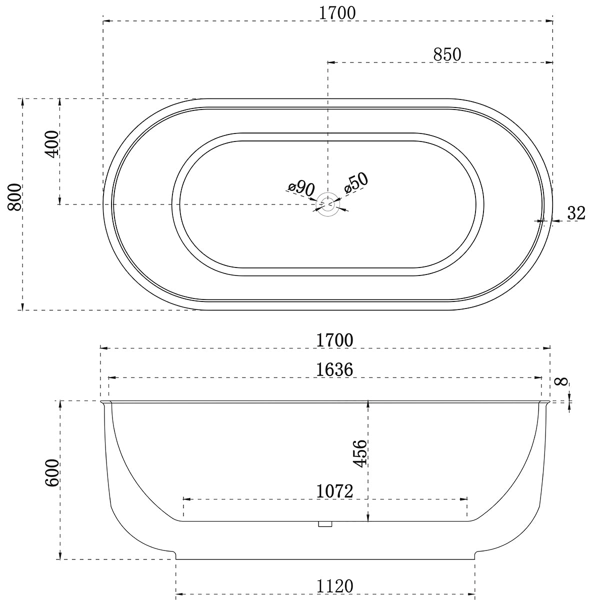 Oval Freestanding Bath 1700x800x600mm