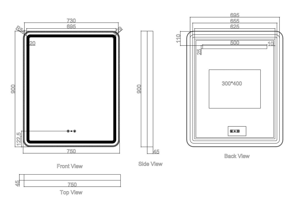 Venus 600×750 / 750×900 / 1200×750mm LED Rectangular Mirror – Brushed Nickel Frame