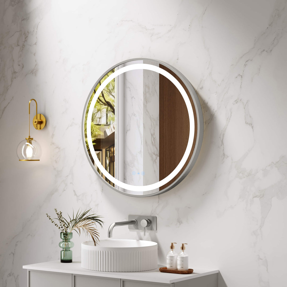 Venus 600/750/900mm LED Round Mirror – Brushed Nickel Frame
