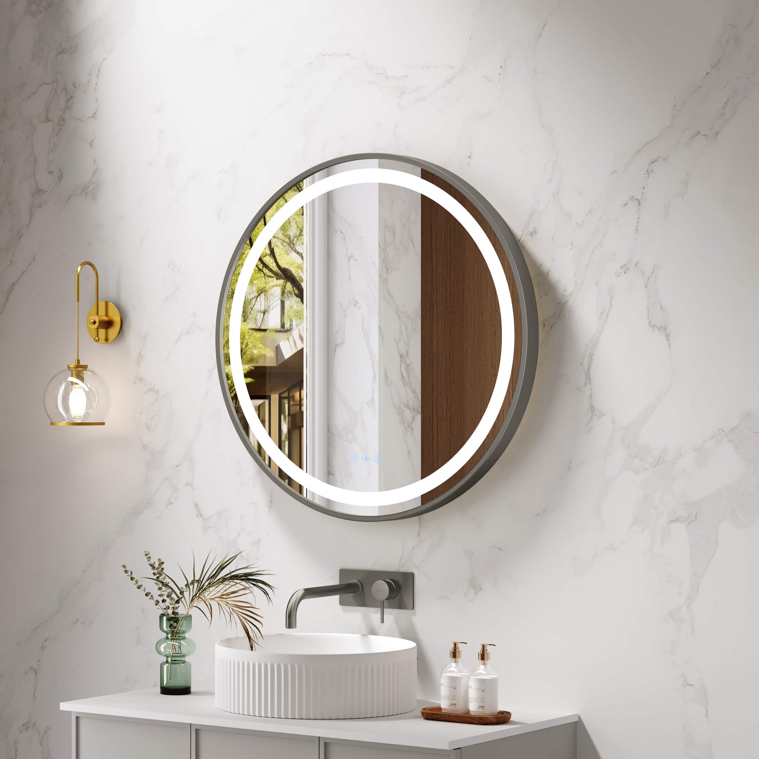 Venus 600/750/900mm LED Round Mirror – Gun Metal Frame