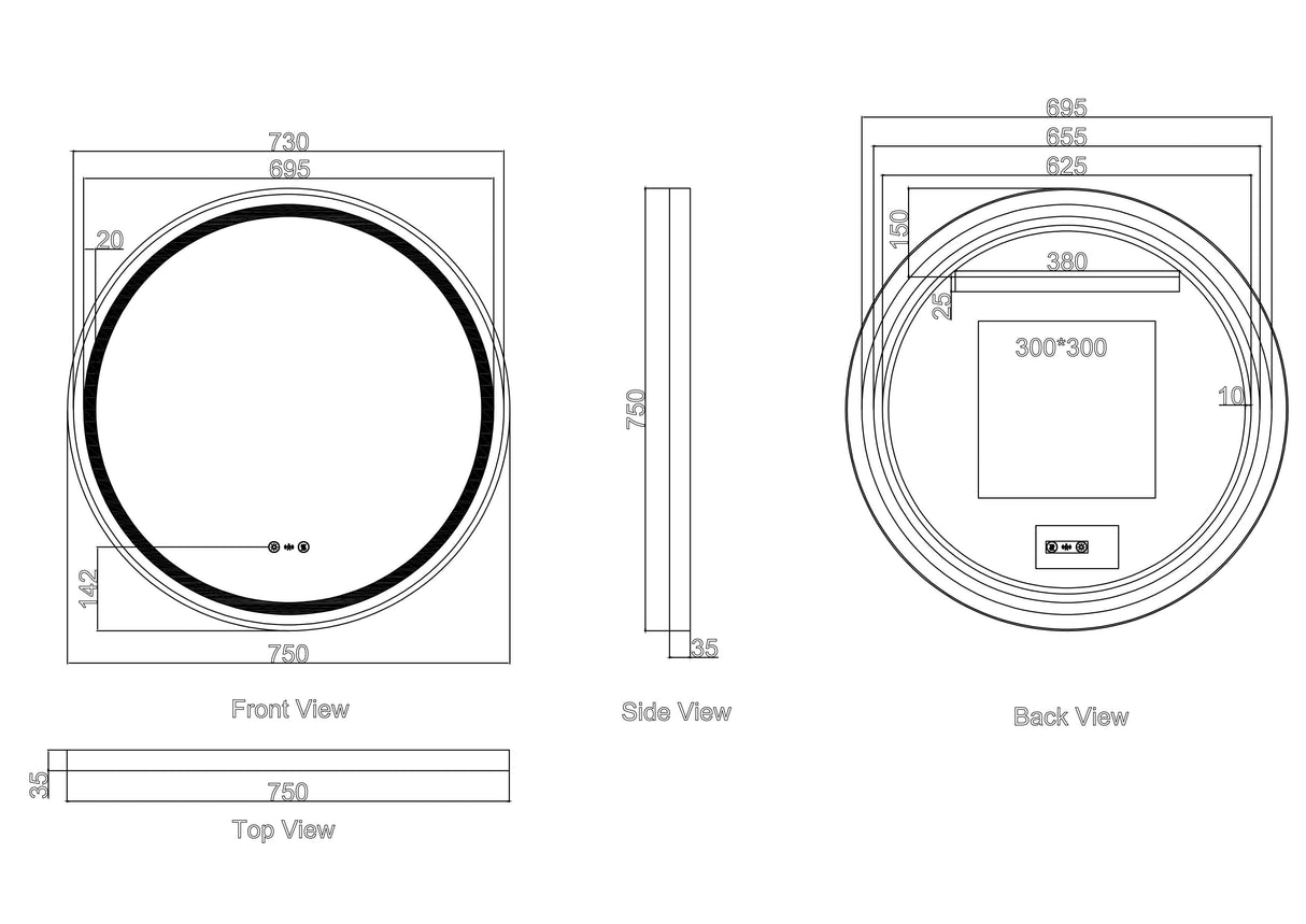 Venus 600/750/900mm LED Round Mirror – Gun Metal Frame