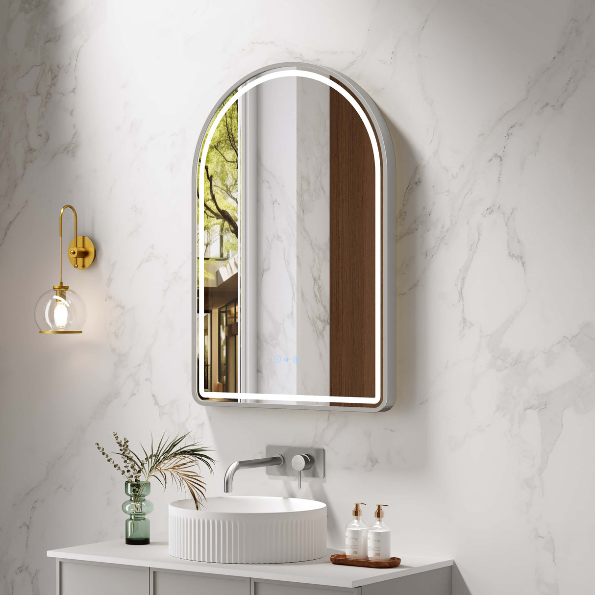 Venus 600×900mm LED Arch Mirror– Brushed Nickel Frame