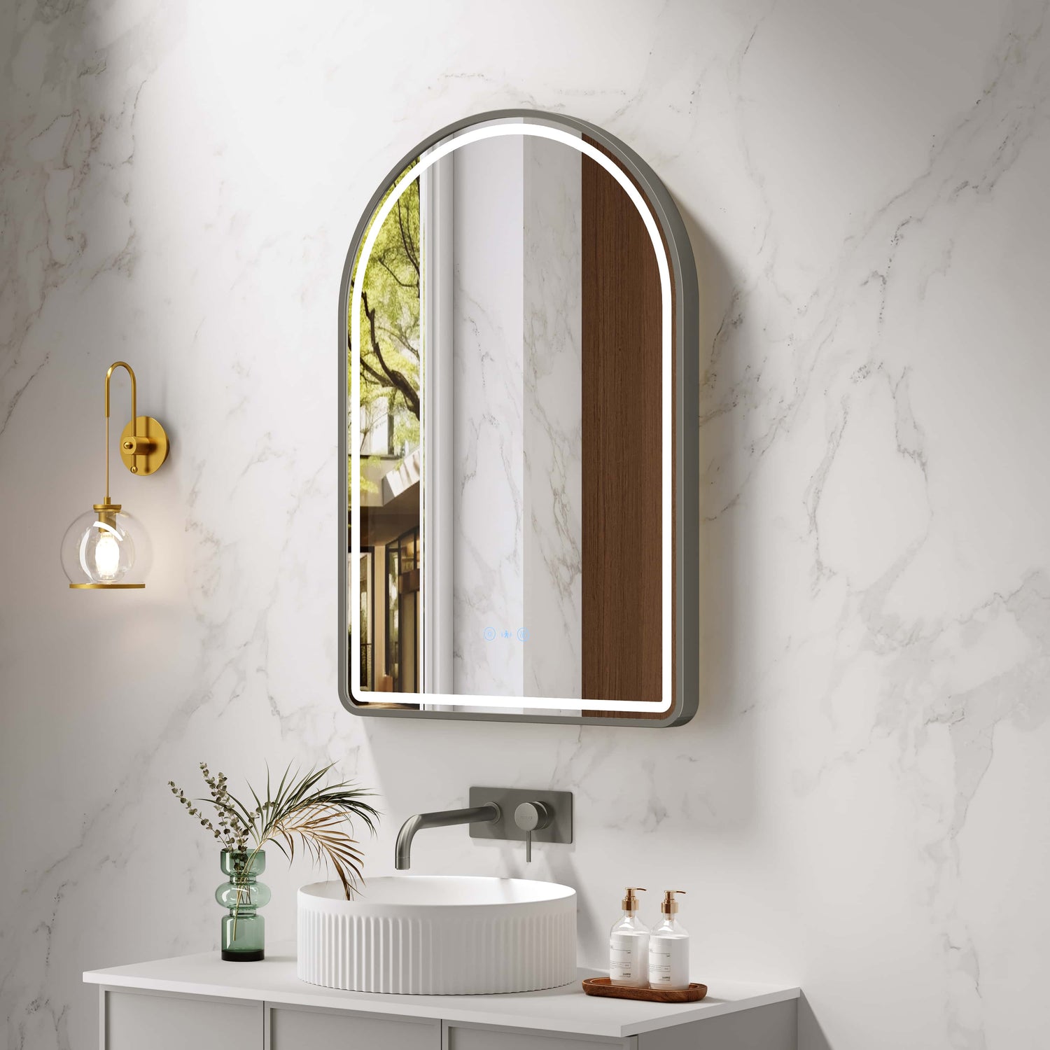 Venus 600×900mm LED Arch Mirror– Gun Metal Frame