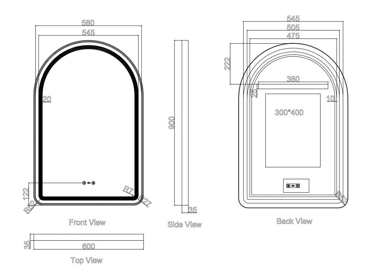 Venus 600×900mm LED Arch Mirror– Gun Metal Frame