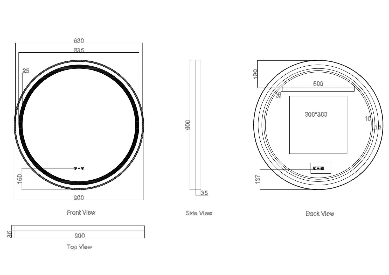 Venus 600/750/900mm LED Round Mirror – Matt Black Frame