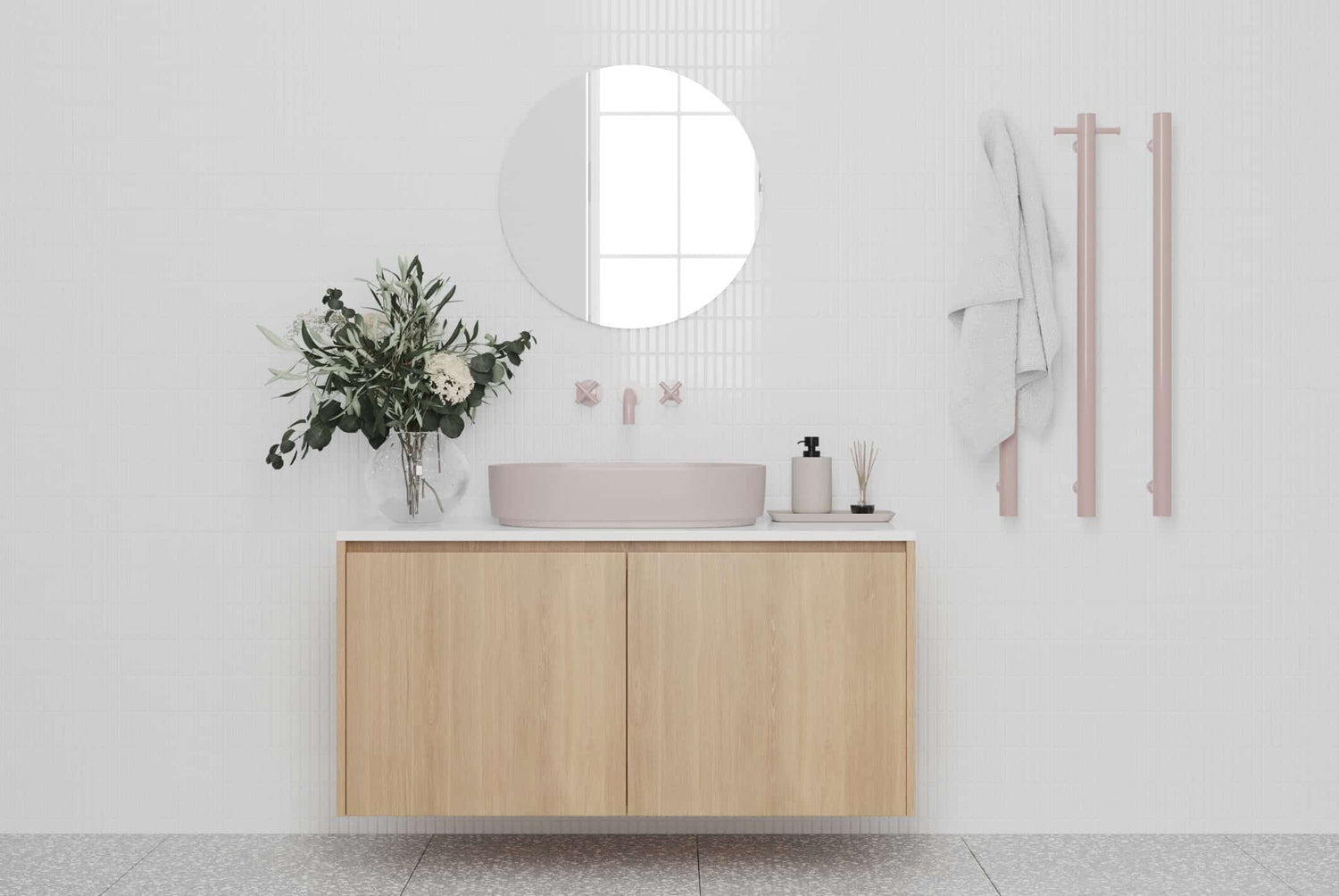 VS900HDP Dusty Pink Straight Round Vertical Single Heated Towel Rail