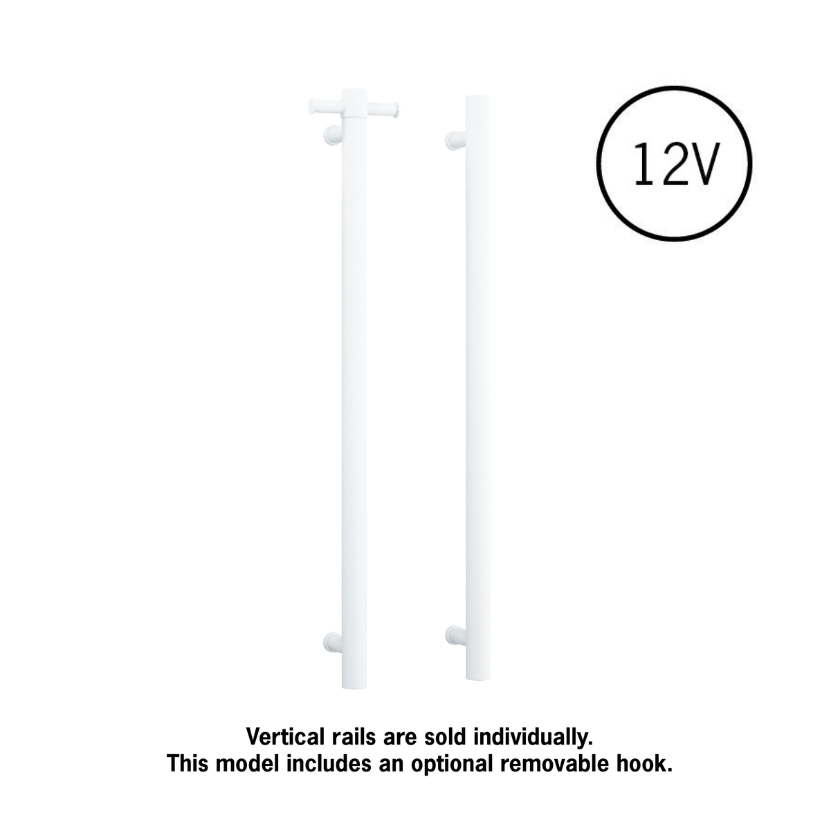 VS900HMW Matt White Straight Round Vertical Single Heated Towel Rail