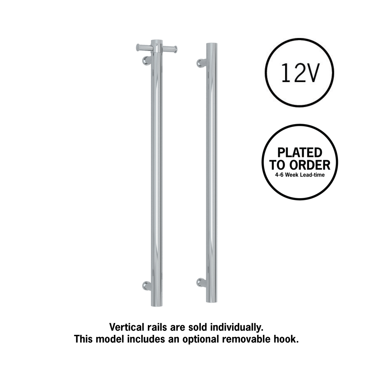 VS900HPL Straight Round 12V Vertical Single Polished Heated Towel Rail