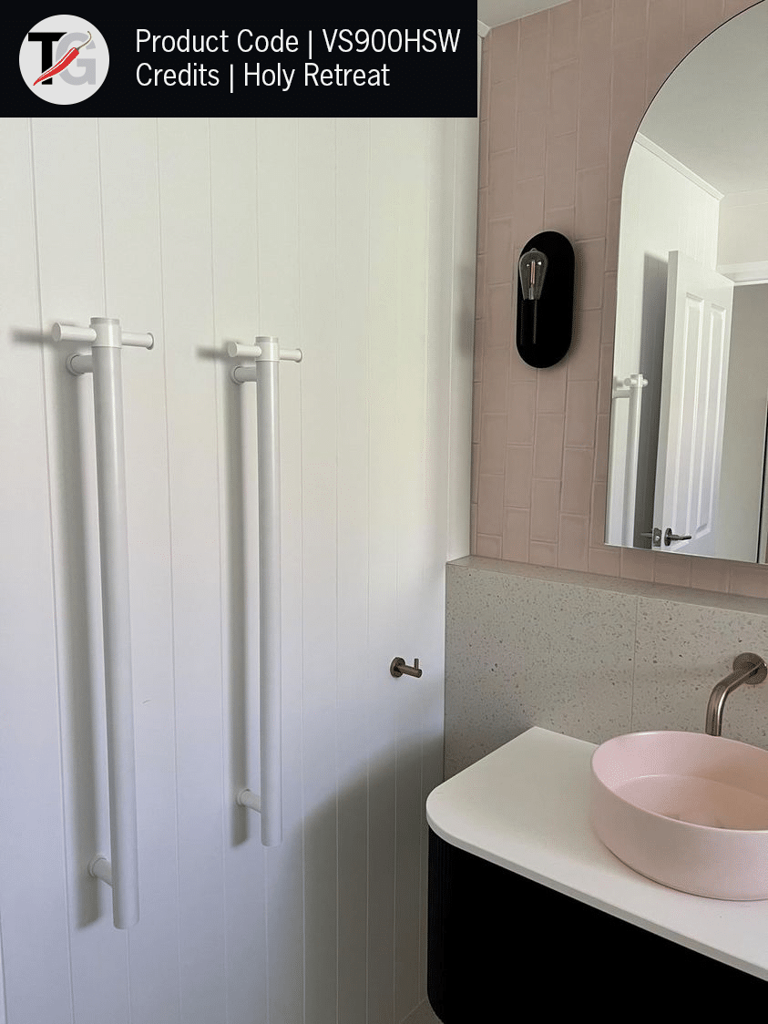 VS900HSW Satin White Straight Round Vertical Single Heated Towel Rail