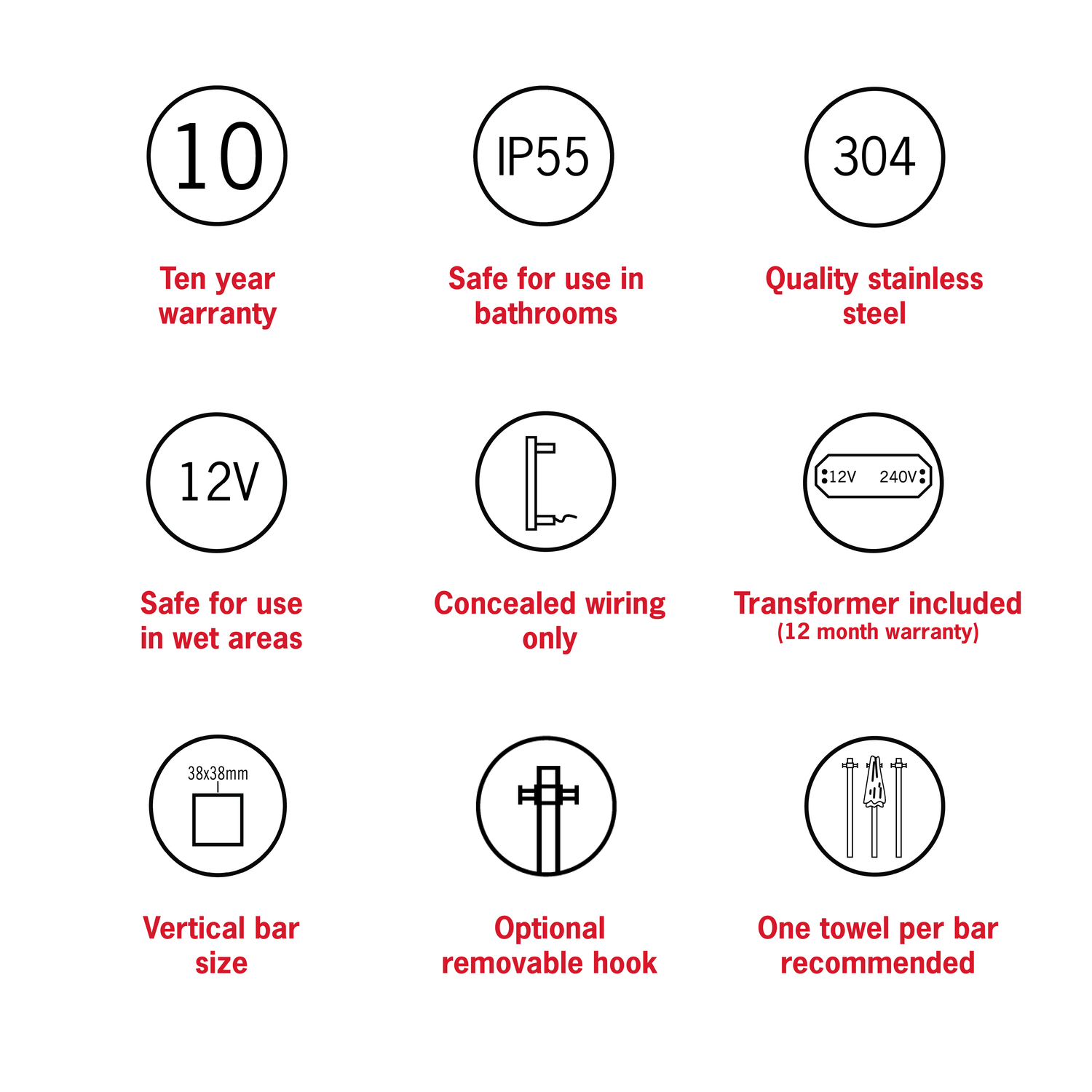 VS900SH Square Vertical Single Bar Polished Heated Towel Rail