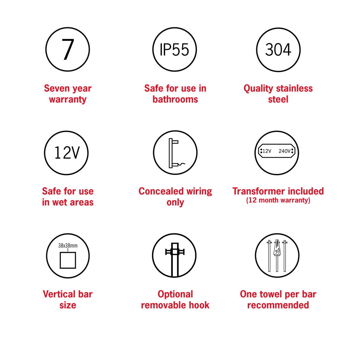 VS900SHB Matt Black Square Vertical Single Bar Heated Towel Rail