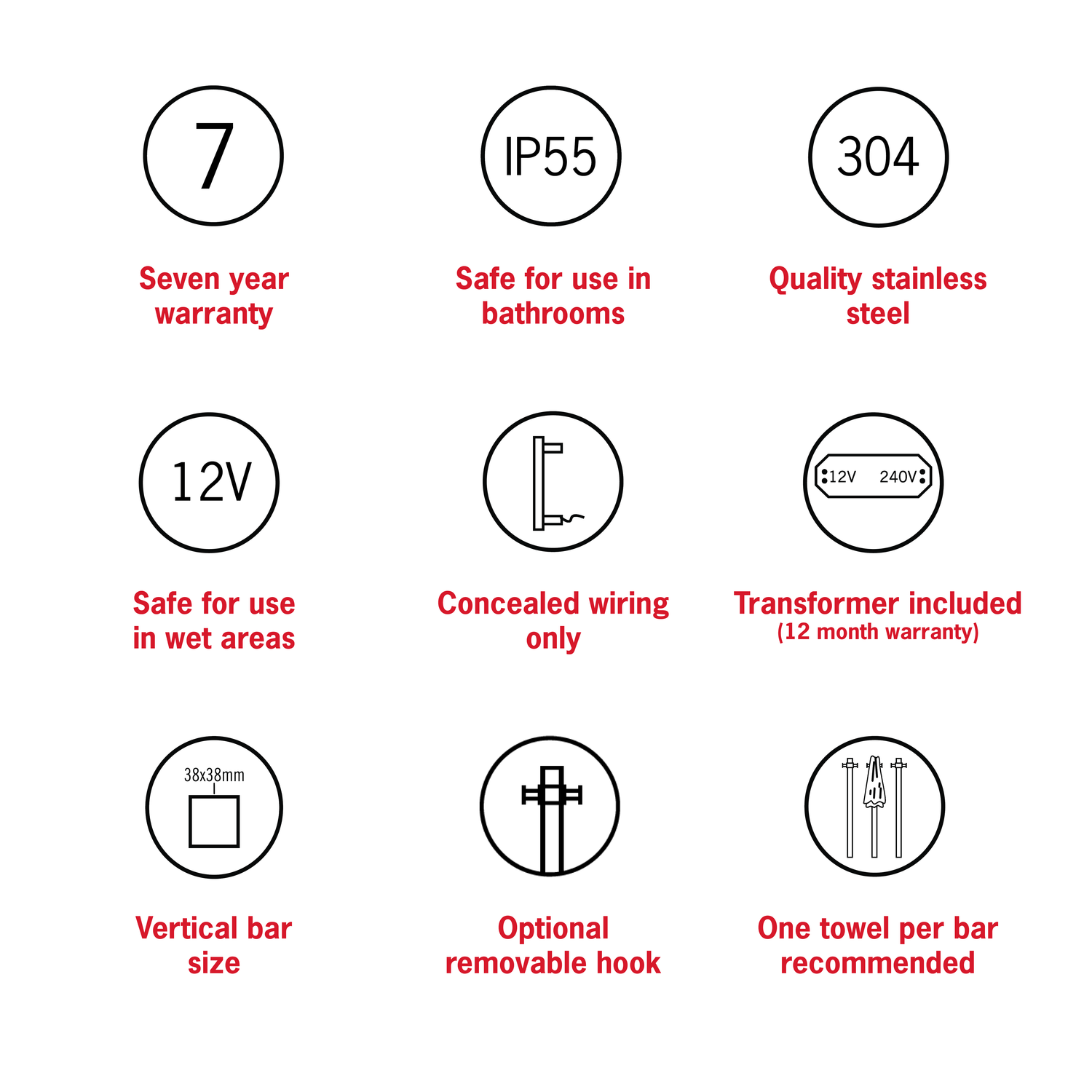 VS900SHB Matt Black Square Vertical Single Bar Heated Towel Rail